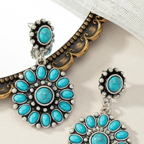 Turquoise and Silver Floral Drop Earrings - Picture 4 of 5